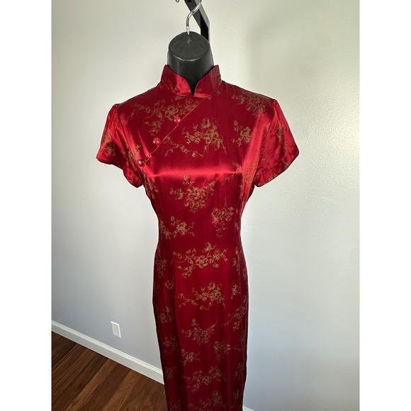 Vintage 70s Cheongsam Maxi Dress Red Gold Brocade Satin S/M Dynasty Joy Fashions - Picture 1 of 9